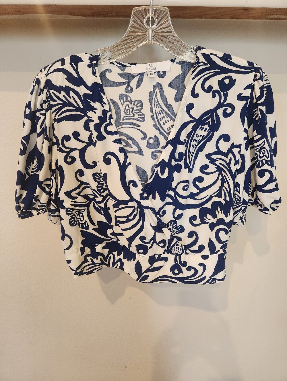 Marled Brand White & Navy Floral Wrap Crop Top